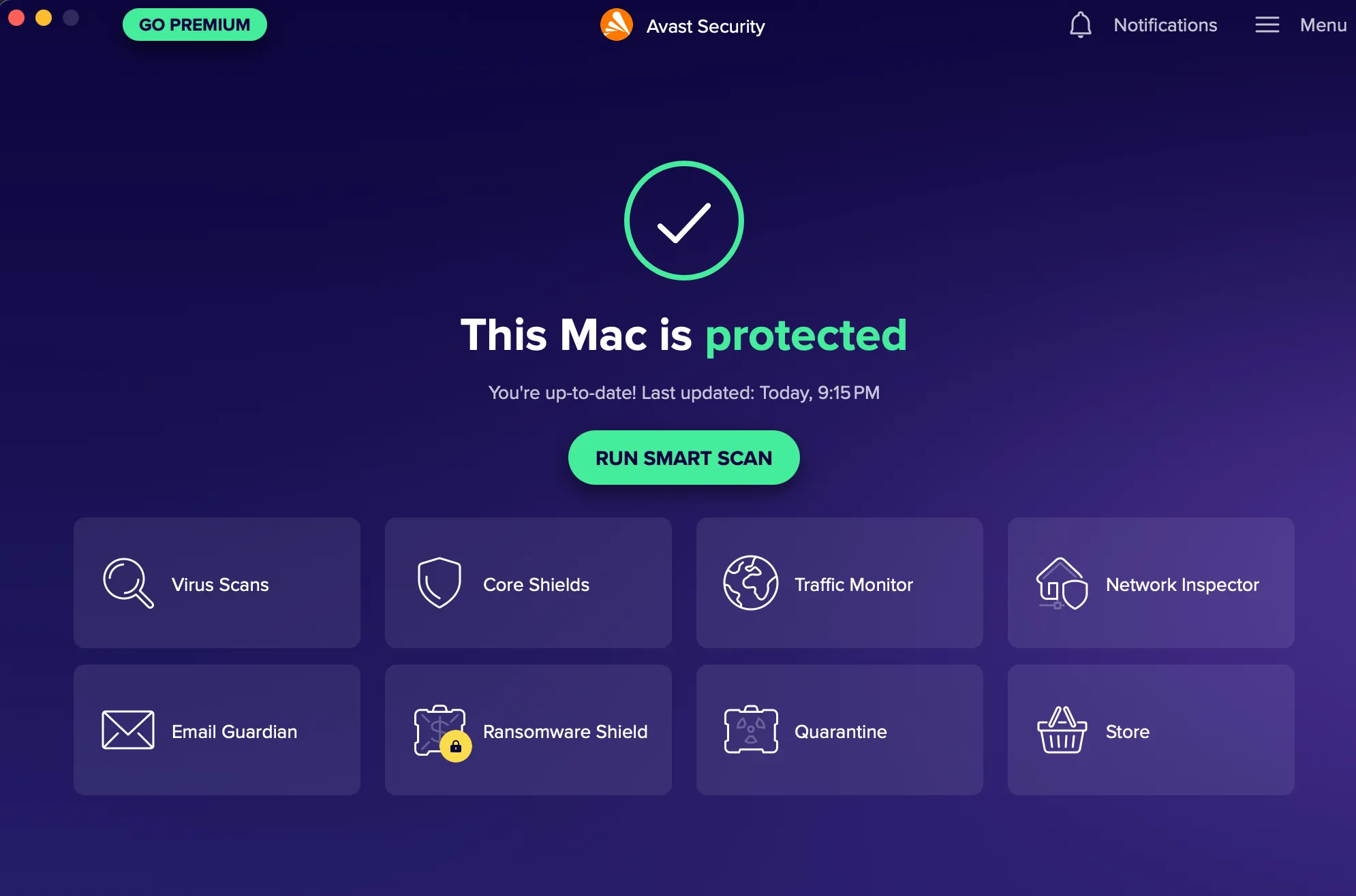 Phần mềm diệt virus Avast đang hoạt động trên hệ điều hành macOS, minh họa khả năng bảo vệ toàn diện khỏi các mối đe dọa.