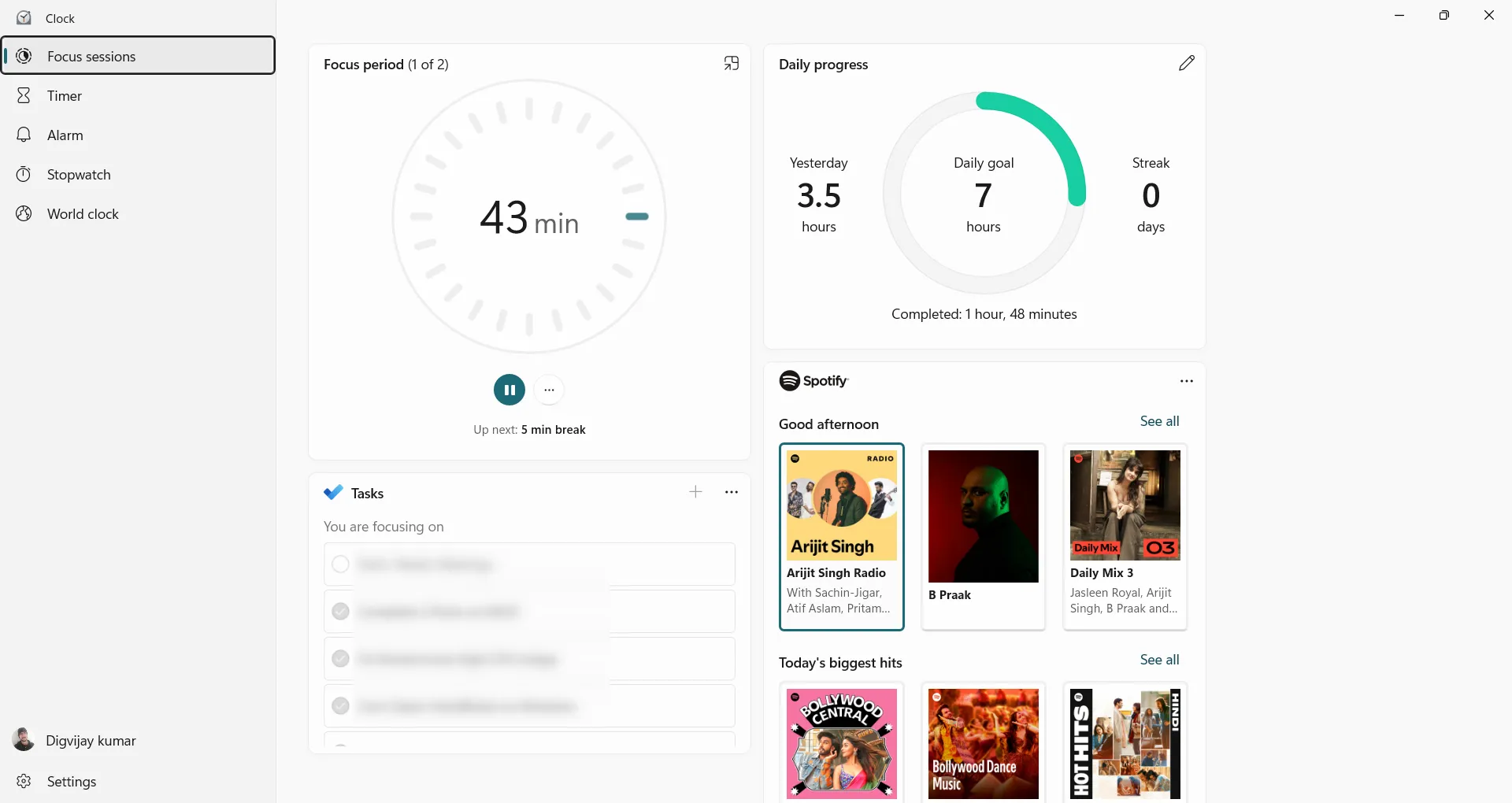 Phần thiết lập và theo dõi mục tiêu hàng ngày trong tính năng Focus Sessions, với tùy chọn tích hợp Microsoft To Do.