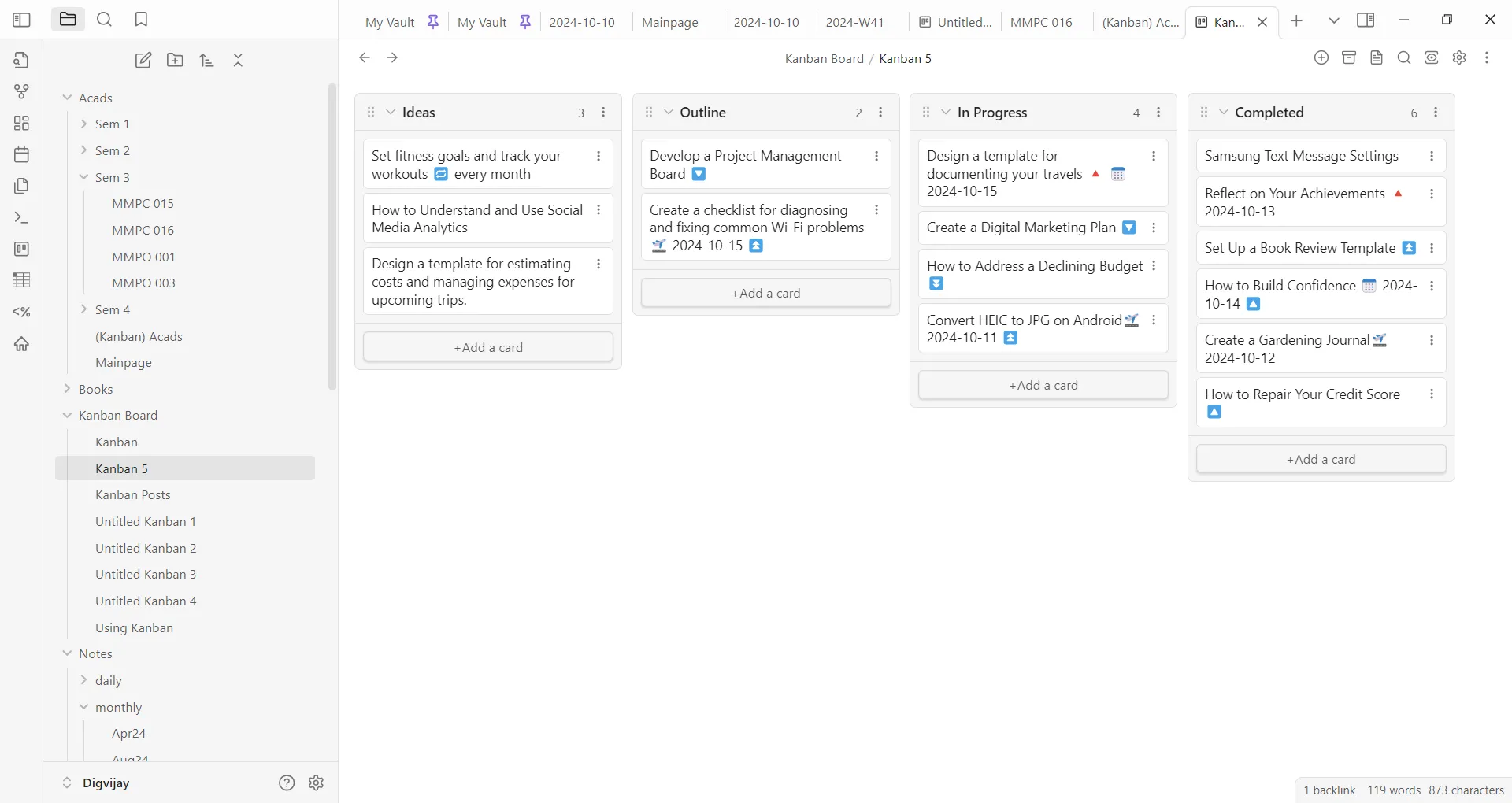 Plugin Kanban trong Obsidian, minh họa cách tổ chức công việc trực quan bằng bảng Kanban, đôi khi gây ám ảnh tối ưu hóa hệ thống