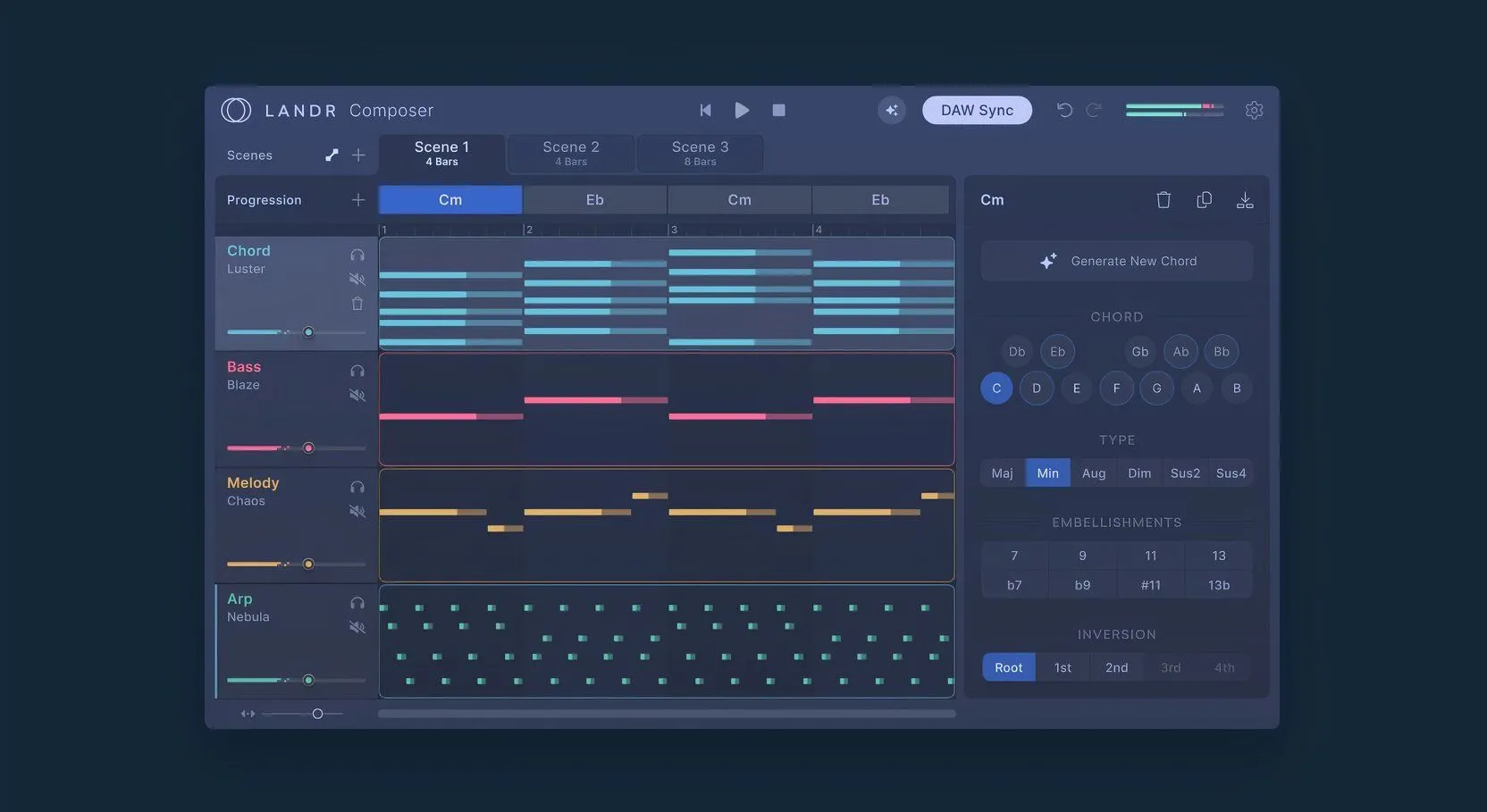 Plugin LANDR Composer với các yếu tố sáng tác nhạc như arpeggios và basslines