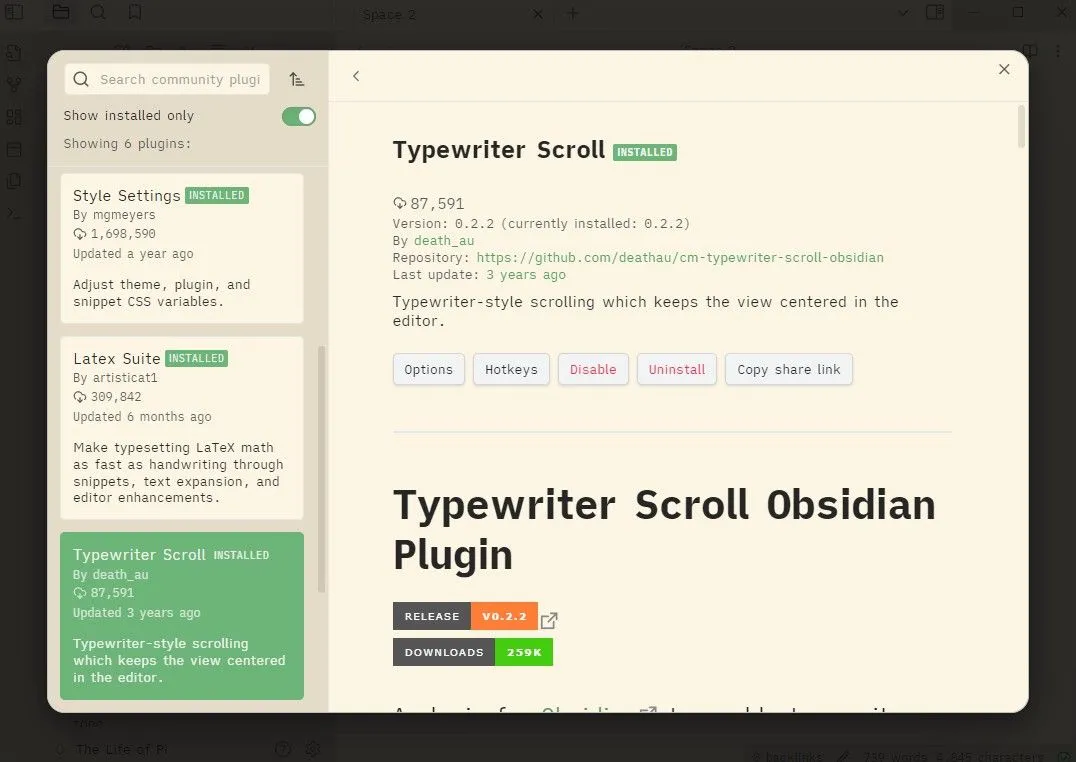 Plugin Typewriter Scroll đang hoạt động trong Obsidian, giữ dòng chữ hiện tại luôn ở giữa màn hình để tăng cường tập trung khi viết.