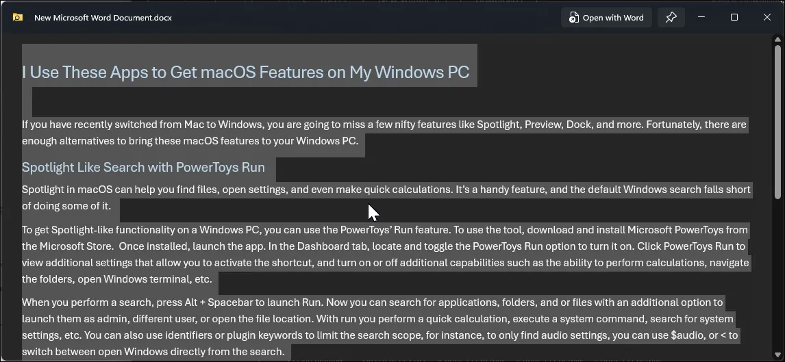 PowerToys Peek hiển thị cửa sổ xem trước tài liệu văn bản trên Windows 11