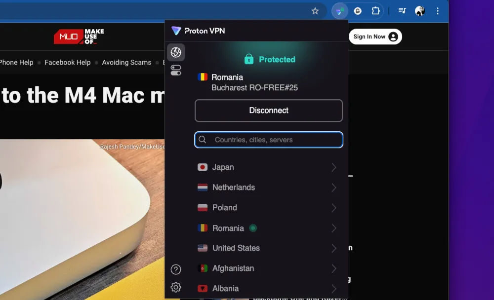 ProtonVPN Chrome: Tiện ích mở rộng đang kết nối để bảo mật dữ liệu duyệt web