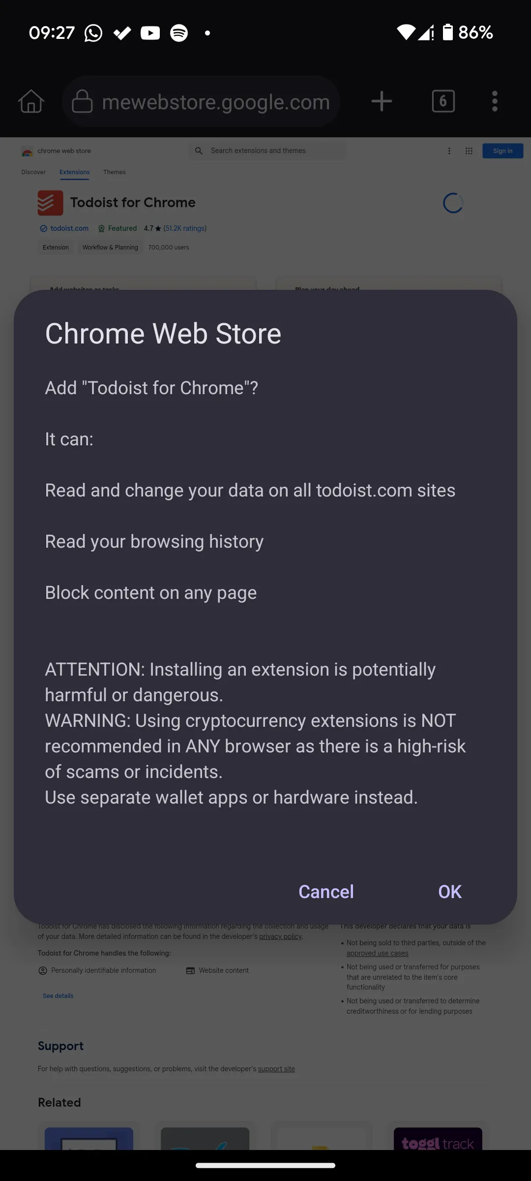 Quá trình cài đặt tiện ích Todoist từ Chrome Web Store trên trình duyệt Kiwi Browser cho Android.