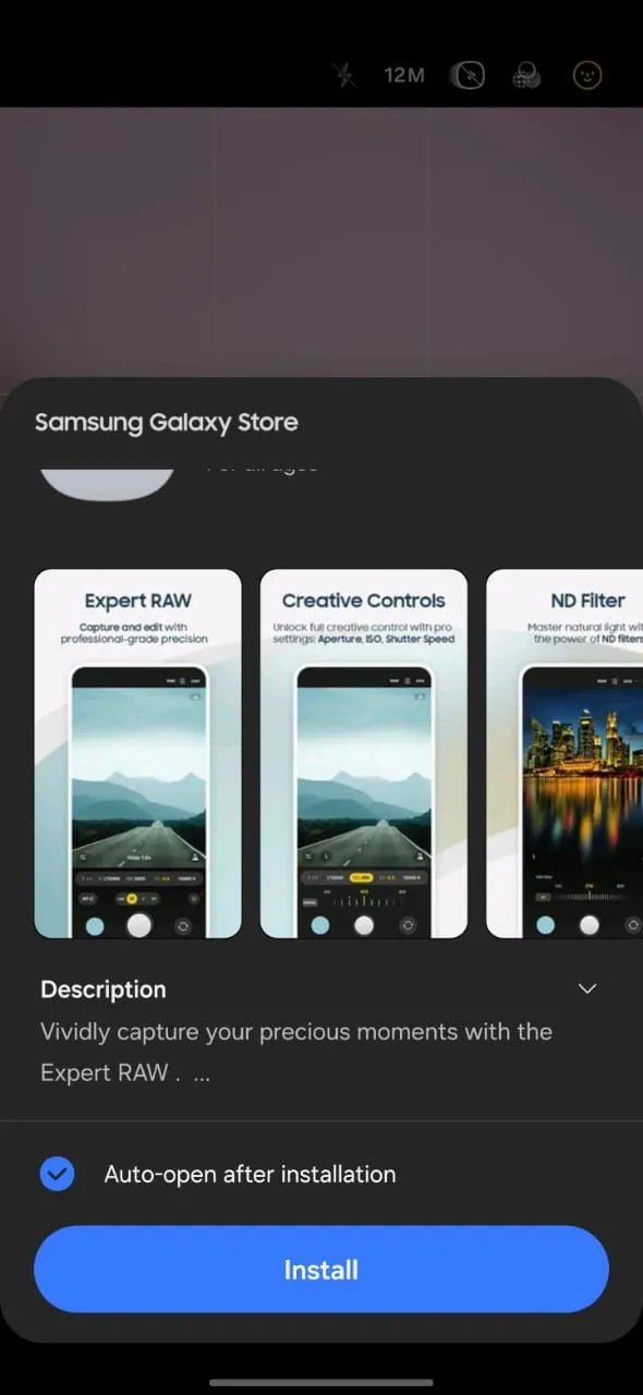 Quá trình cài đặt ứng dụng Expert RAW từ Galaxy Store cho điện thoại Samsung