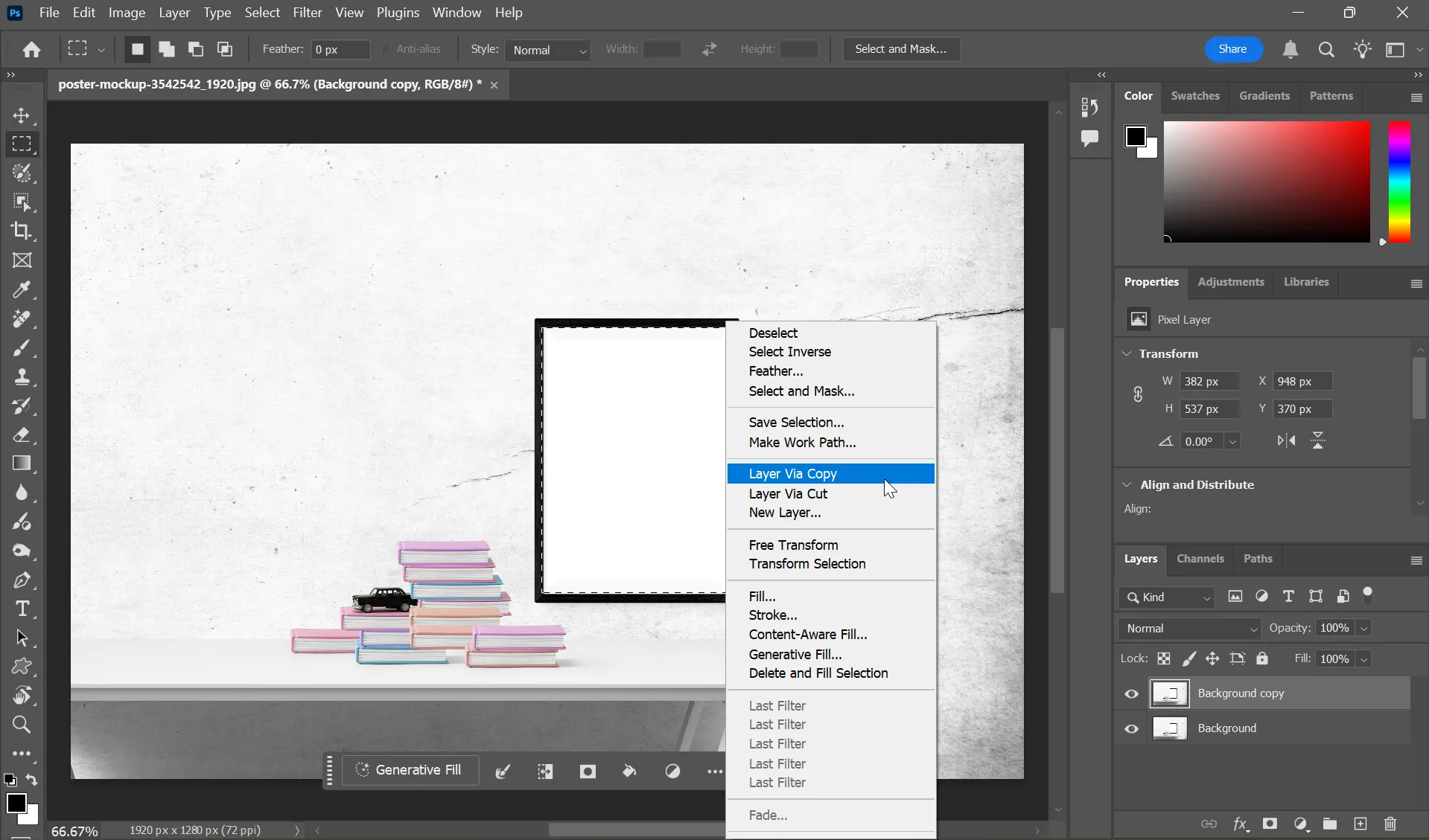 Quá trình chuẩn bị layer nền và chọn vùng trong Photoshop cho hiệu ứng pop-out