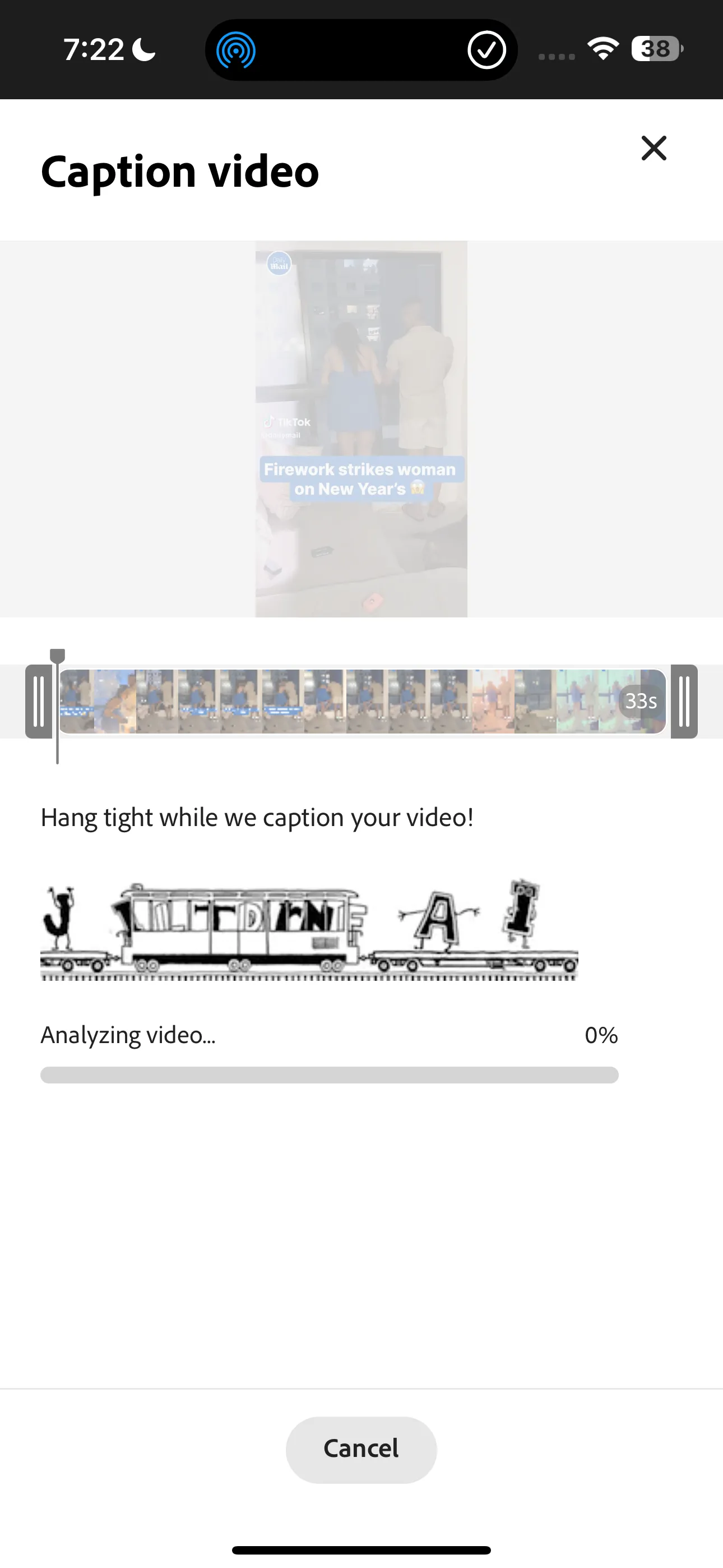 Quá trình xử lý video để tự động tạo phụ đề trong Adobe Express, minh họa tính năng thêm caption nhanh chóng.
