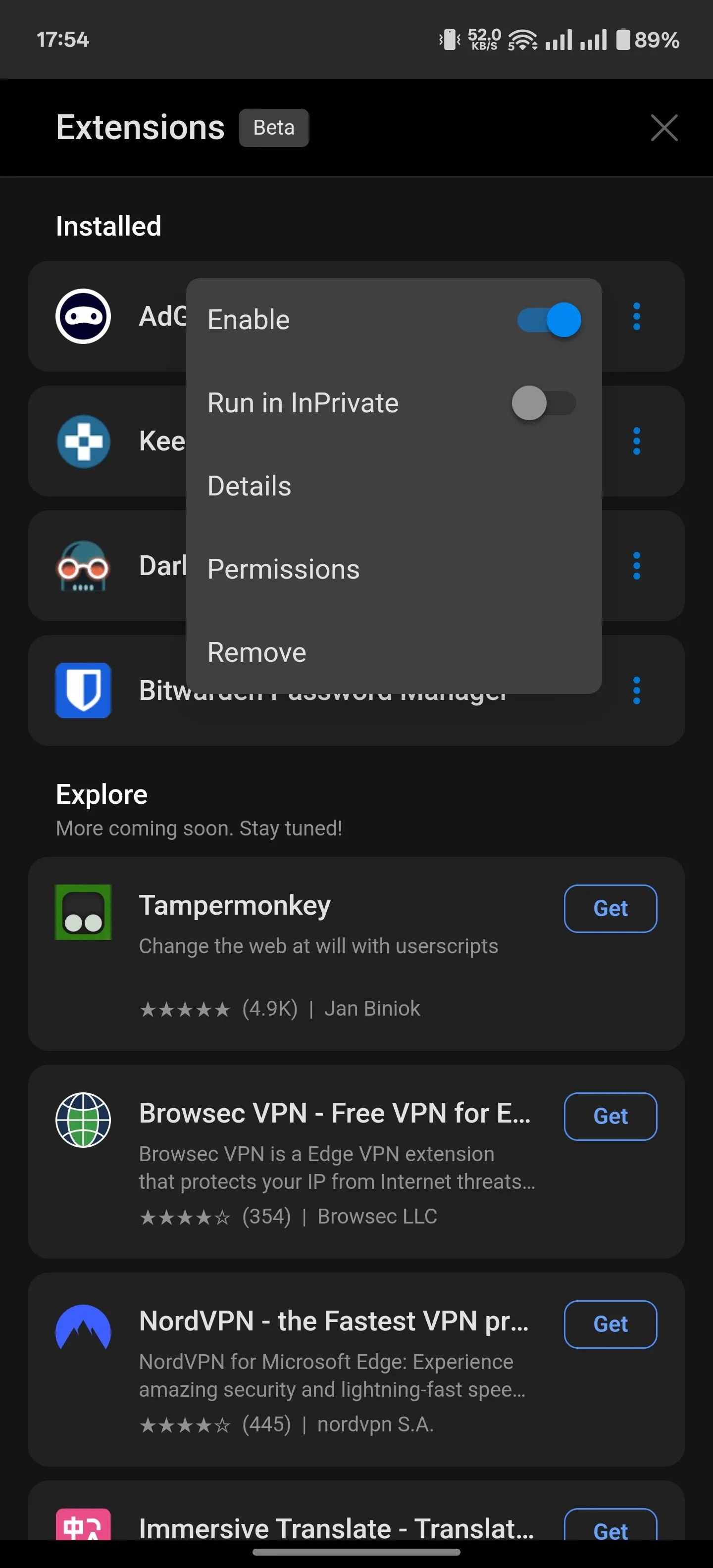 Quản lý tiện ích mở rộng đã cài đặt trên Microsoft Edge Android