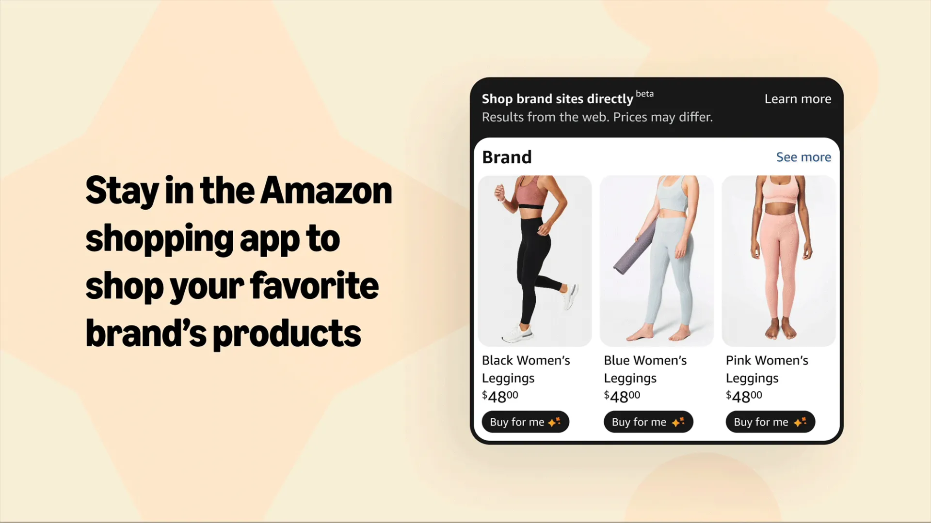 Quảng cáo tính năng &quot;Buy For Me&quot; của Amazon trên ứng dụng mua sắm, hiển thị nhiều mẫu quần legging nữ
