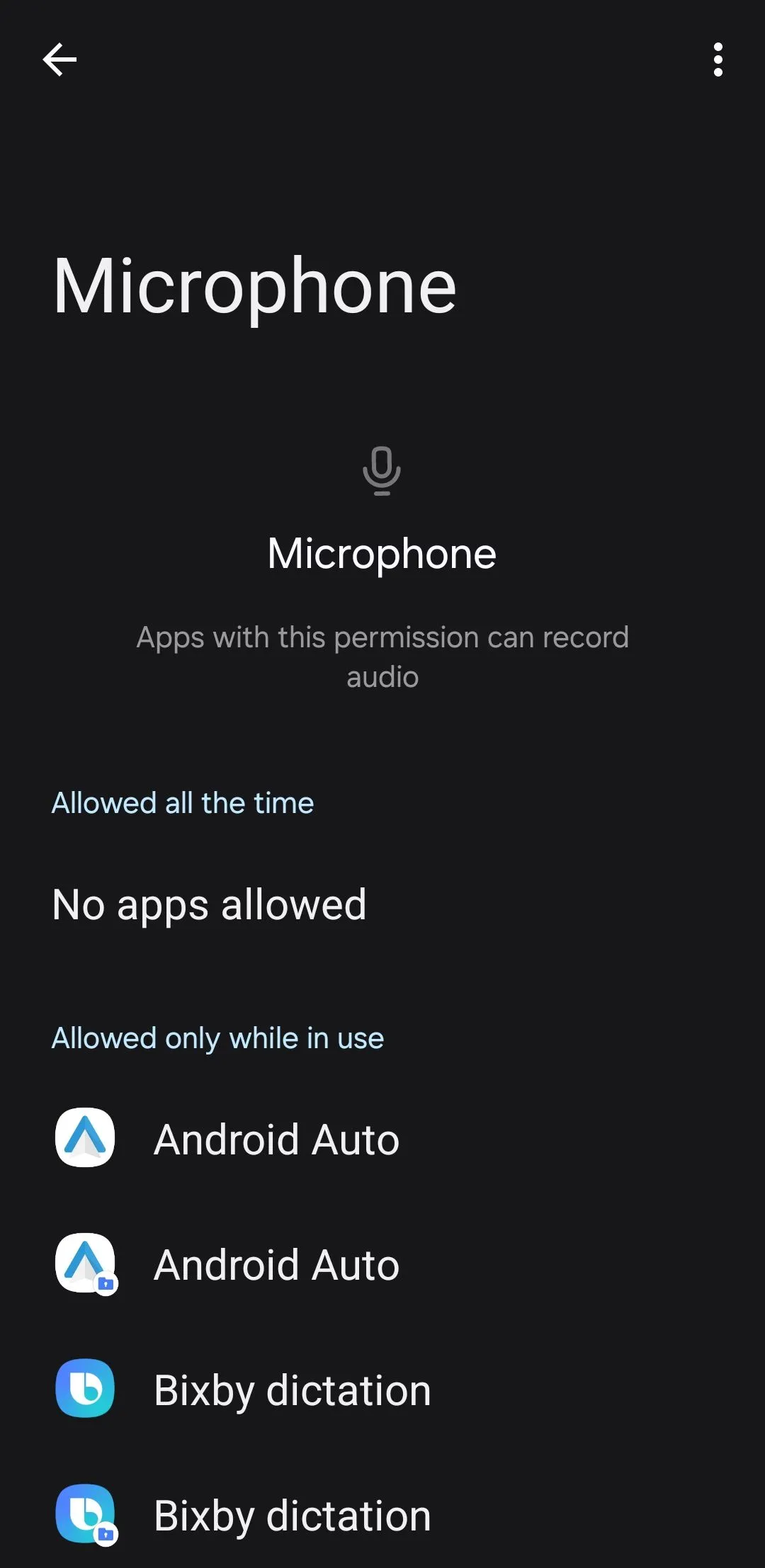 Quyền truy cập micro trong cài đặt ứng dụng Android, hiển thị các tùy chọn cho phép hoặc từ chối truy cập.