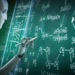 robot AI đang giải quyết bài toán phức tạp trên bảng, minh họa cách tiếp cận suy luận của mô hình AI