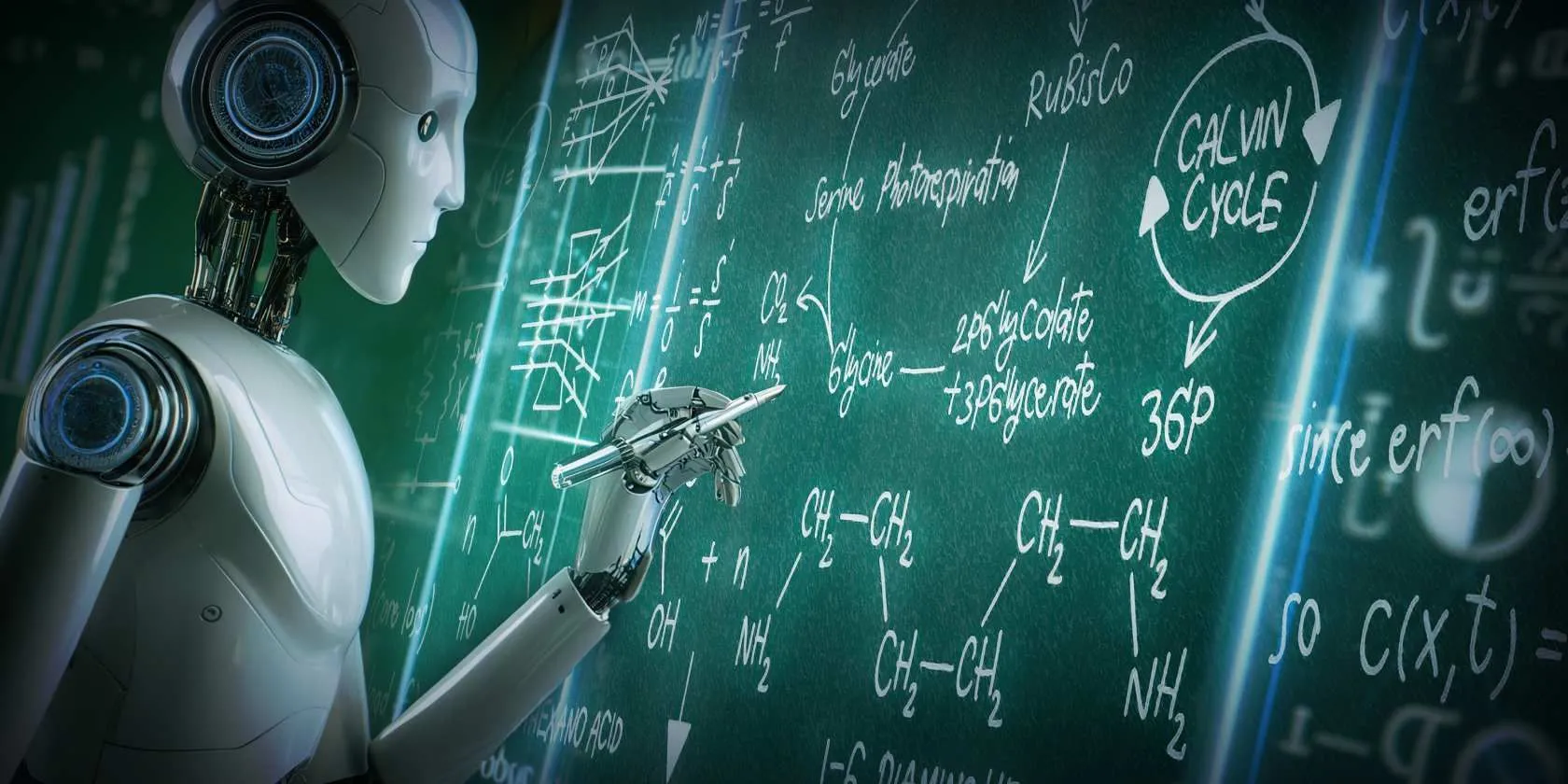 robot AI đang giải quyết bài toán phức tạp trên bảng, minh họa cách tiếp cận suy luận của mô hình AI