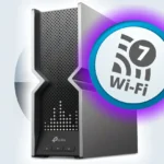 Router Wi-Fi 7 TP-Link với nhãn dán Wi-Fi 7 minh họa công nghệ MLO