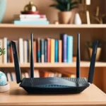 Router Wi-Fi hiện đại với bốn ăng-ten, đặt trên bàn cạnh kệ sách, minh họa việc tách mạng khách để tối ưu bảo mật và hiệu suất.