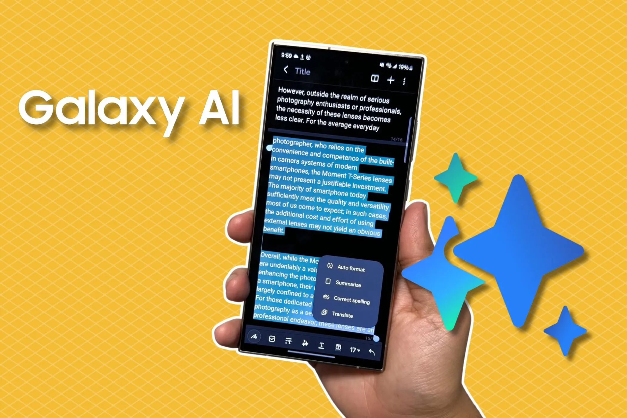 Samsung Galaxy S24 Ultra với biểu tượng Galaxy AI và nền gradient vàng, minh họa tính năng AI dự kiến trên Galaxy S25