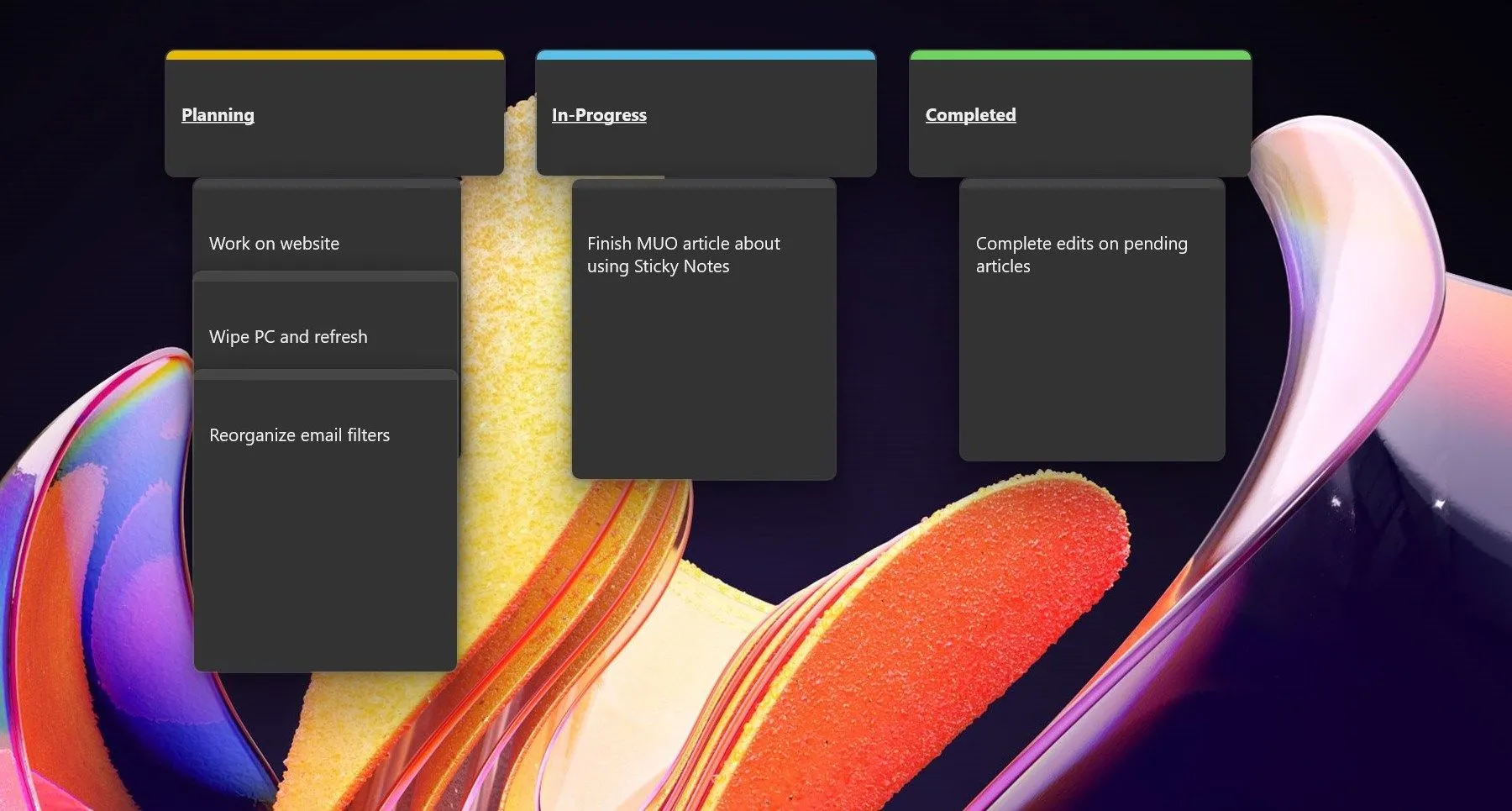 Sắp xếp các ghi chú Sticky Notes thành một bảng Kanban trên màn hình desktop Windows
