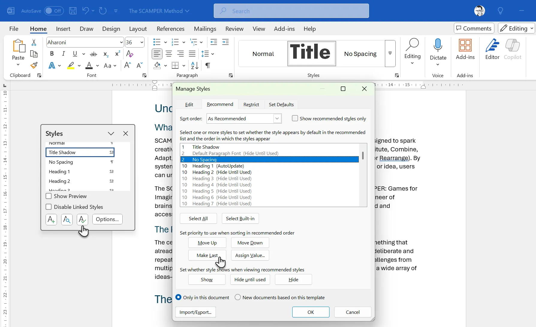 Sắp xếp lại thứ tự các kiểu trong Microsoft Word
