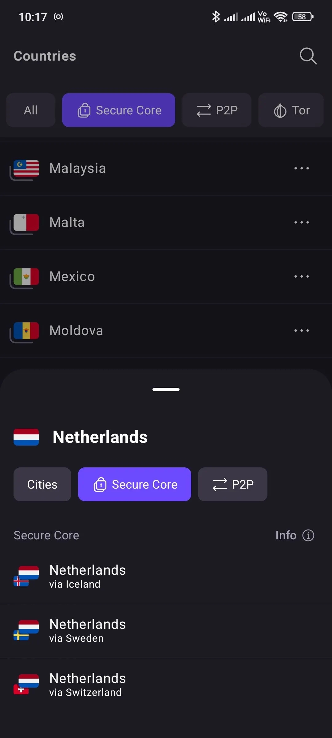 Secure-core countries list in Proton VPN app