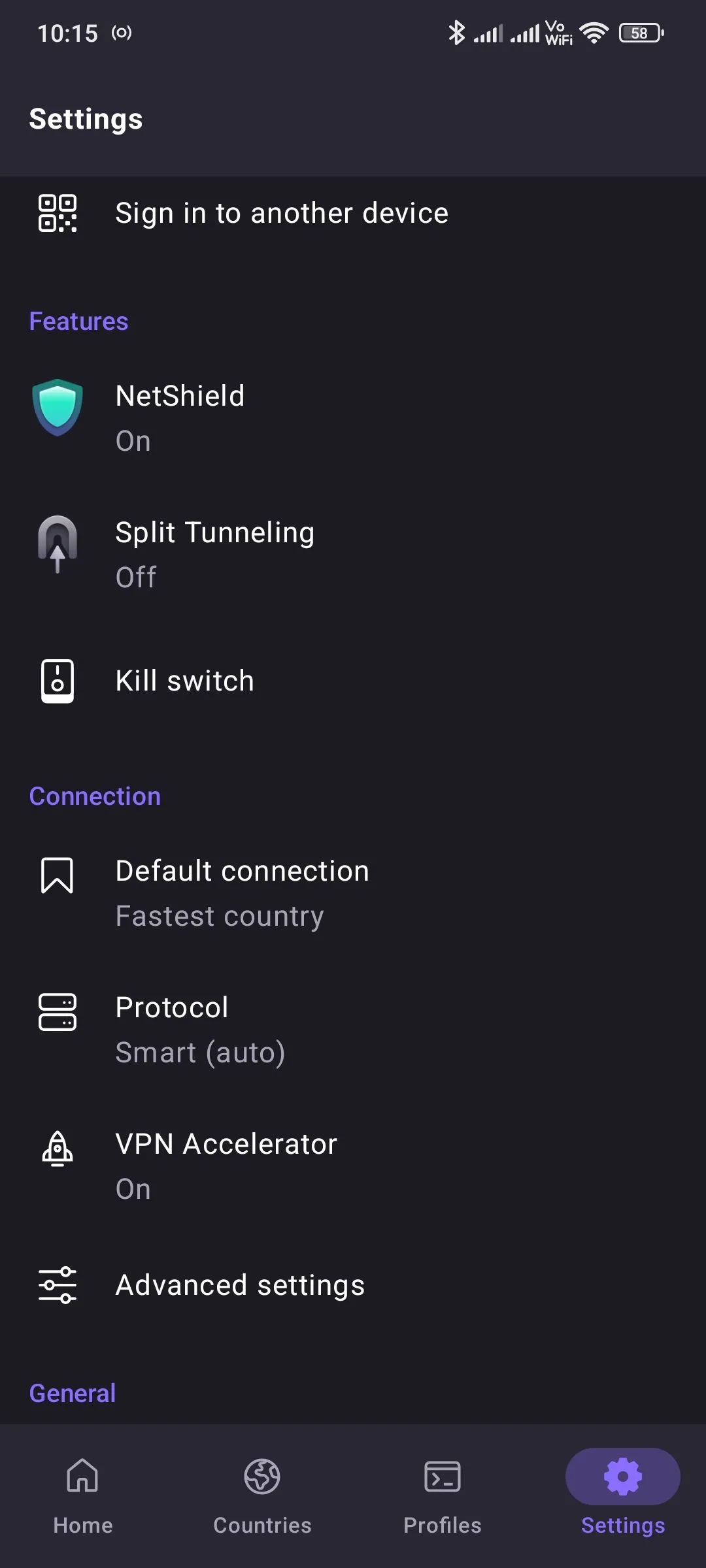 Settings in Proton VPN app