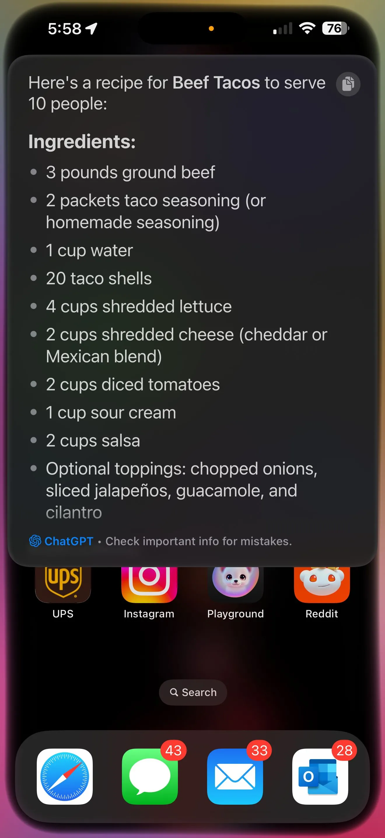 Siri tích hợp ChatGPT hiển thị công thức món taco chi tiết.