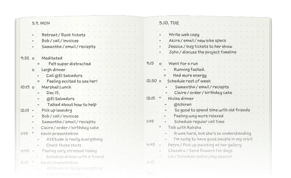 Sổ ghi chú Bullet Journal với các ký hiệu rapid logging cho nhiệm vụ, sự kiện và ghi chú, minh họa phương pháp quản lý công việc hiệu quả.