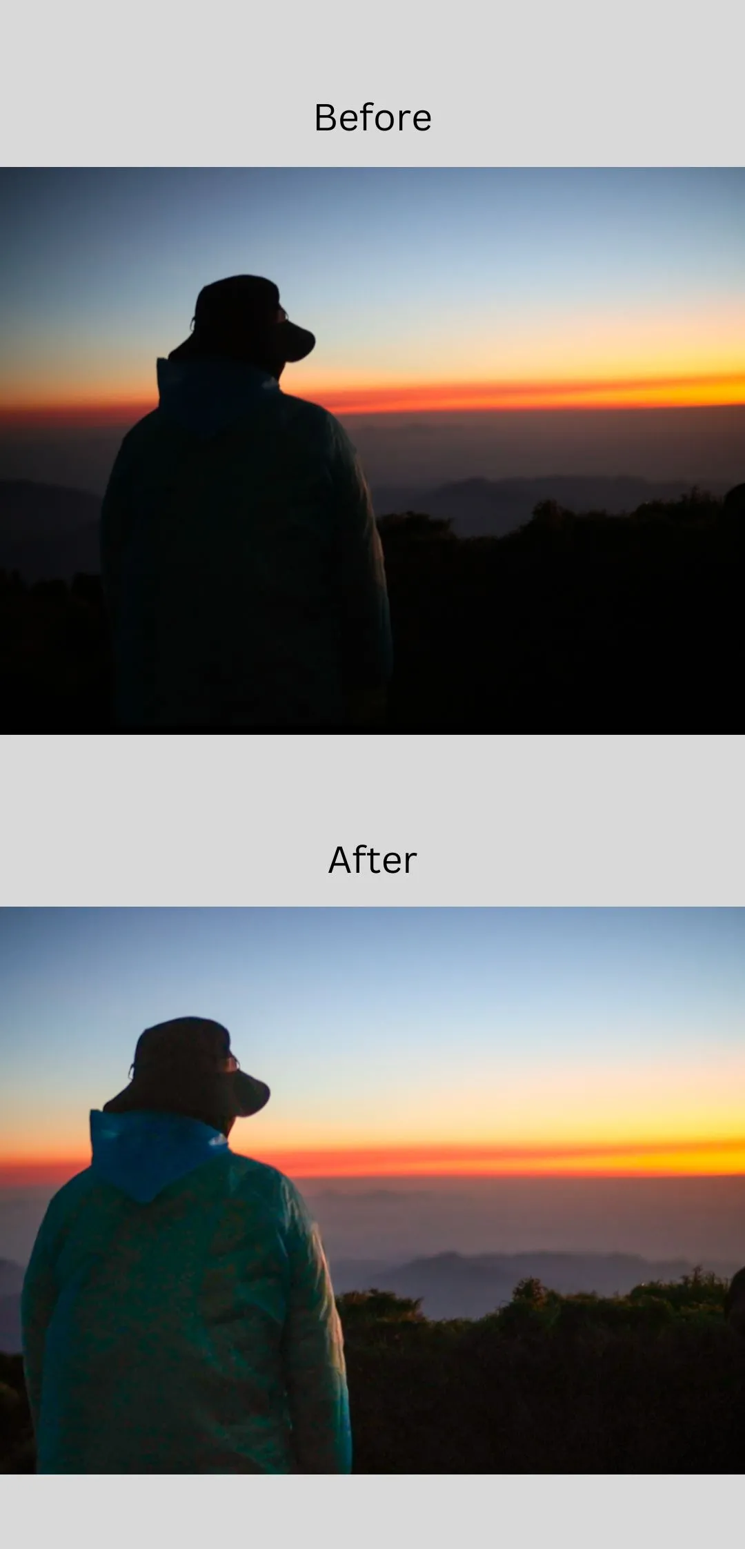 So sánh ảnh trước và sau khi chỉnh sửa bằng Adobe Lightroom Mobile, thể hiện sự khác biệt về màu sắc và ánh sáng