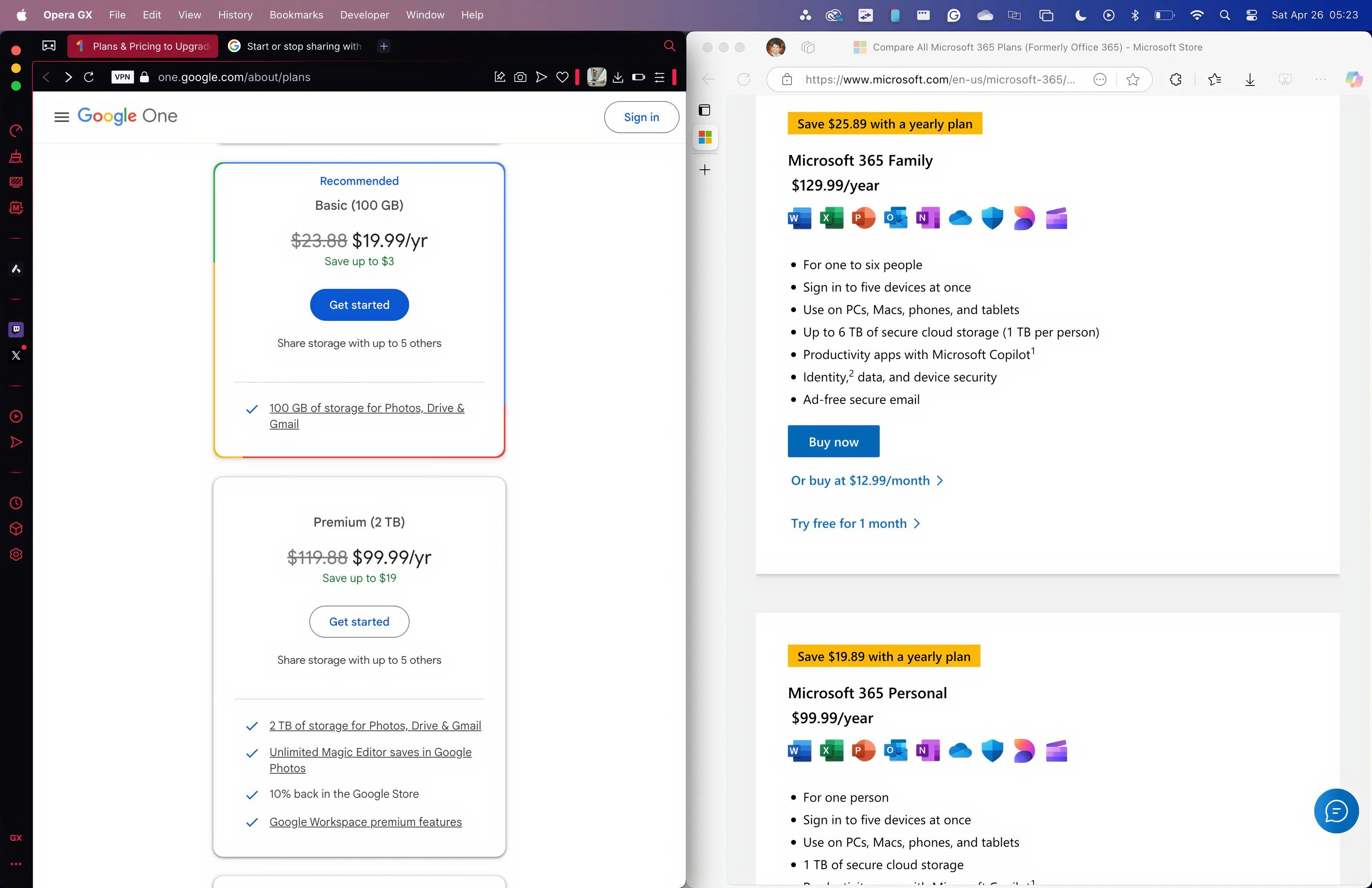 So sánh chi phí và dung lượng các gói đăng ký Google One và Microsoft 365 Family/Personal