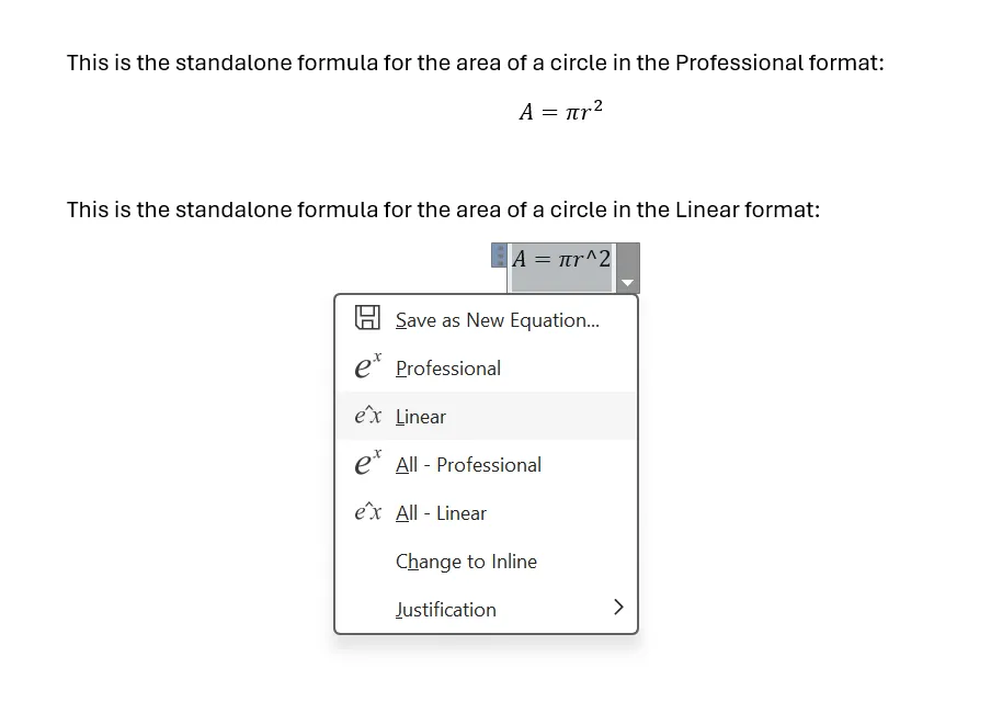 So sánh định dạng Professional và Linear của công thức toán học trong Word