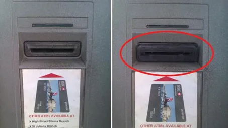 So sánh một máy ATM có thiết bị skimming và một máy ATM thông thường.