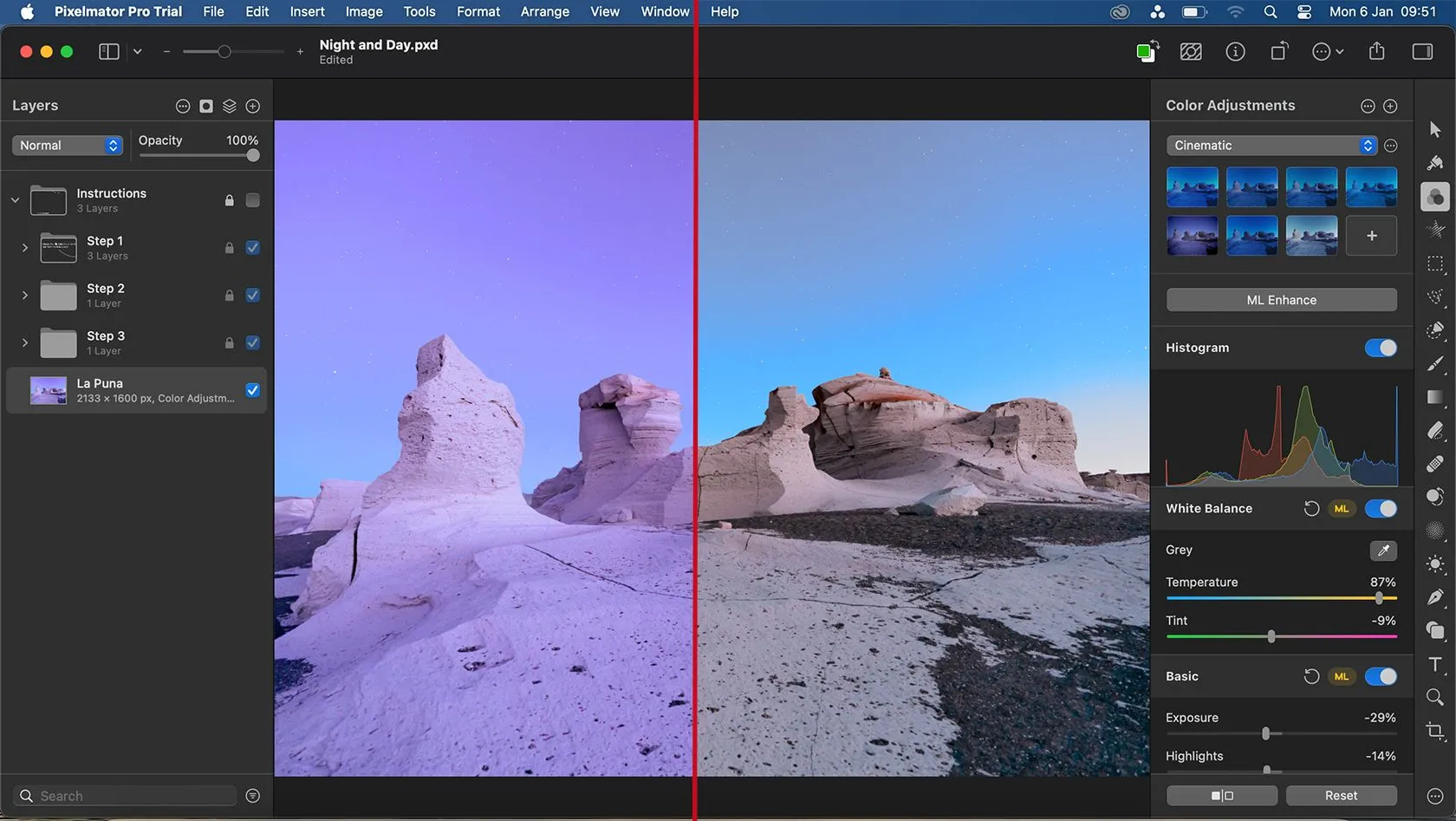 So sánh trước và sau khi sử dụng tính năng ML Enhance của Pixelmator Pro, cho thấy cải thiện màu sắc ảnh tự động.