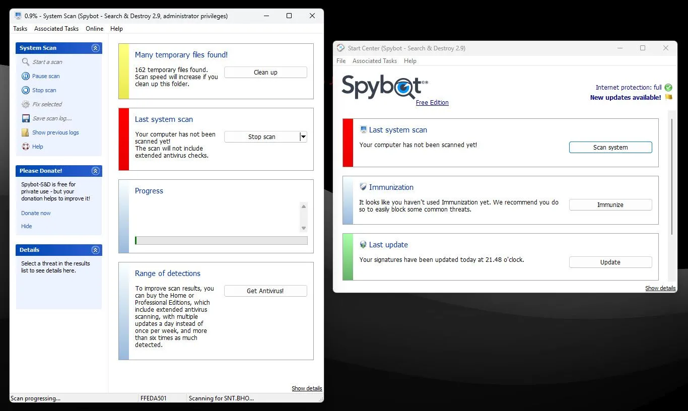 Spybot – Search &amp; Destroy đang tiến hành quét máy tính Windows để tìm kiếm và loại bỏ spyware, adware
