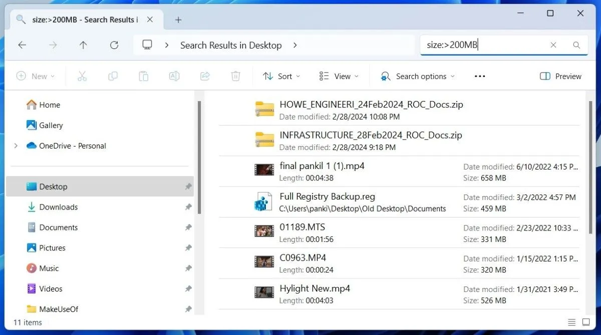 Sử dụng bộ lọc tìm kiếm trong File Explorer để tinh chỉnh kết quả theo ngày sửa đổi và loại tệp