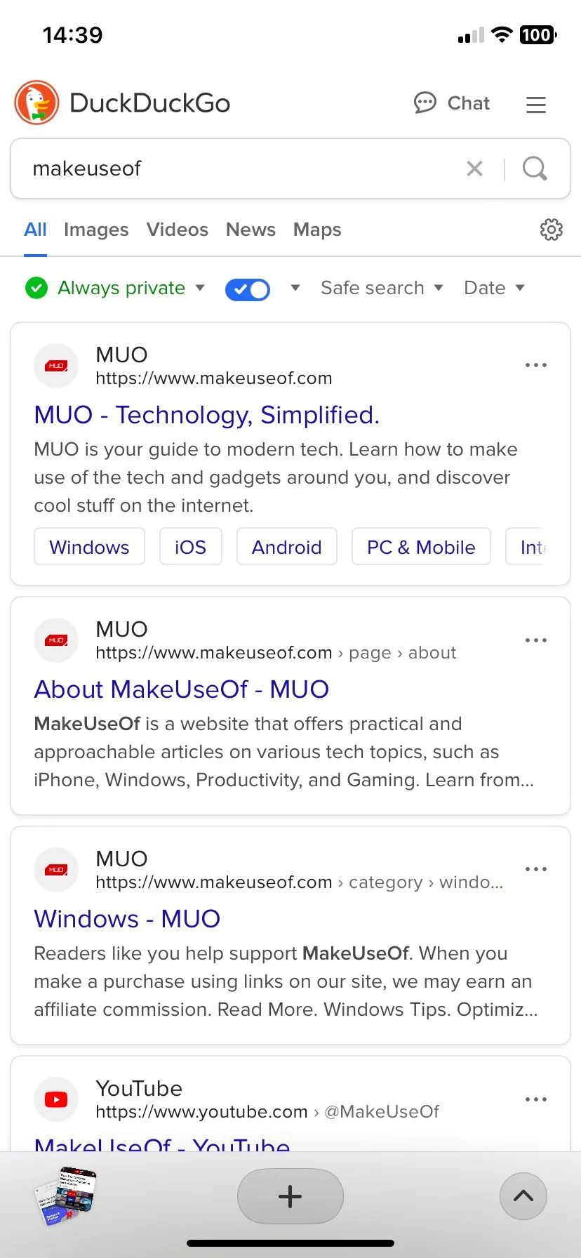Sử dụng công cụ tìm kiếm DuckDuckGo trong Arc browser trên iPhone để bảo vệ quyền riêng tư