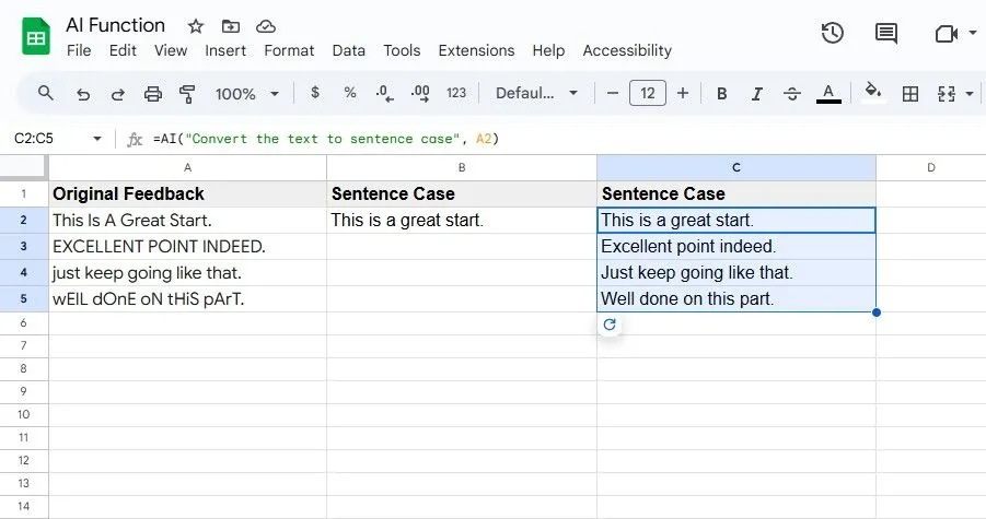 Sử dụng hàm AI() để chuyển đổi một dải ô sang định dạng câu trong Google Sheets