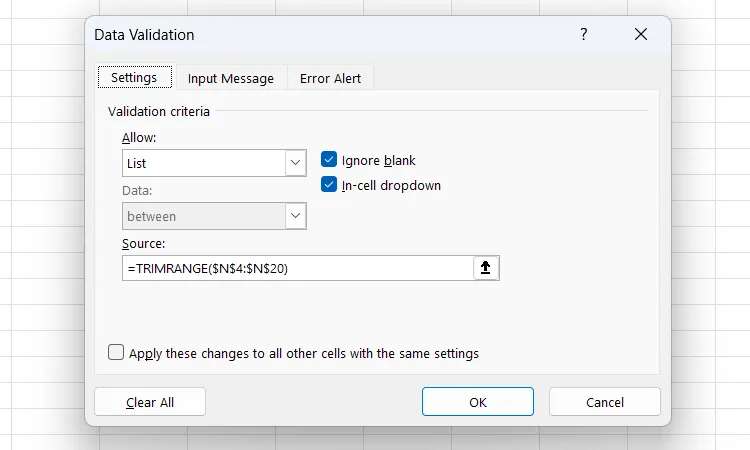 Sử dụng hàm TRIMRANGE trong cài đặt Data Validation trong Excel.