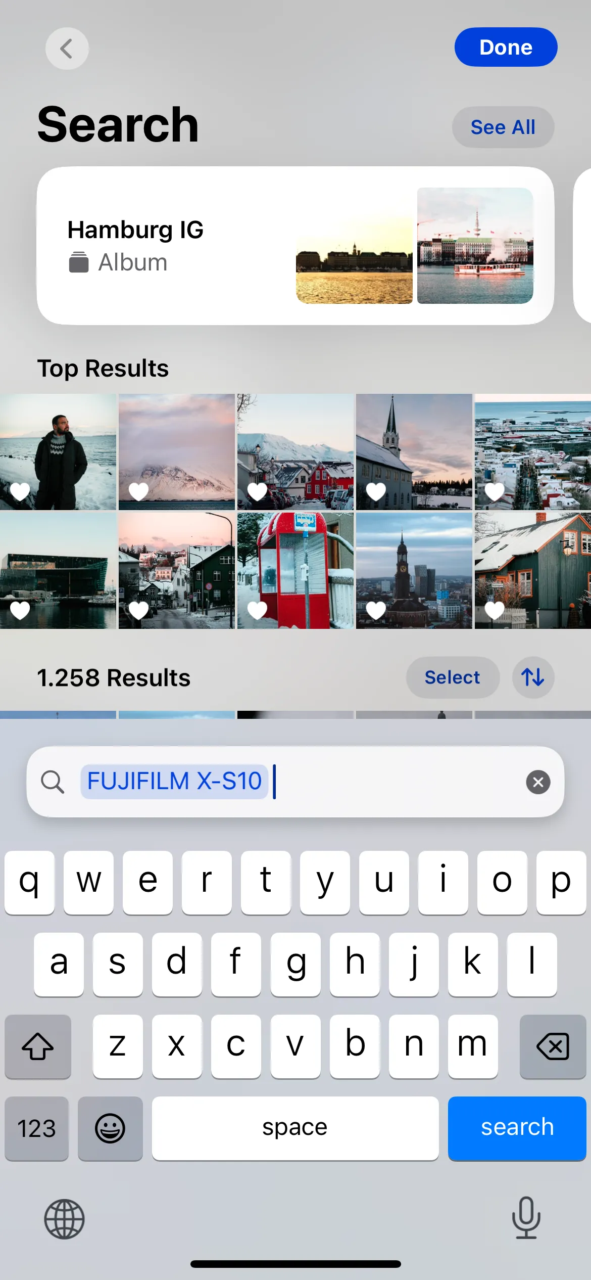 Sử dụng tính năng tìm kiếm ảnh iPhone theo tên máy ảnh (ví dụ Fujifilm)