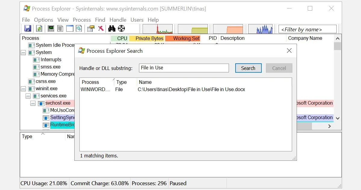 Sử dụng tính năng tìm kiếm &quot;Find Handle or DLL&quot; trong Process Explorer để tìm tiến trình đang khóa tệp