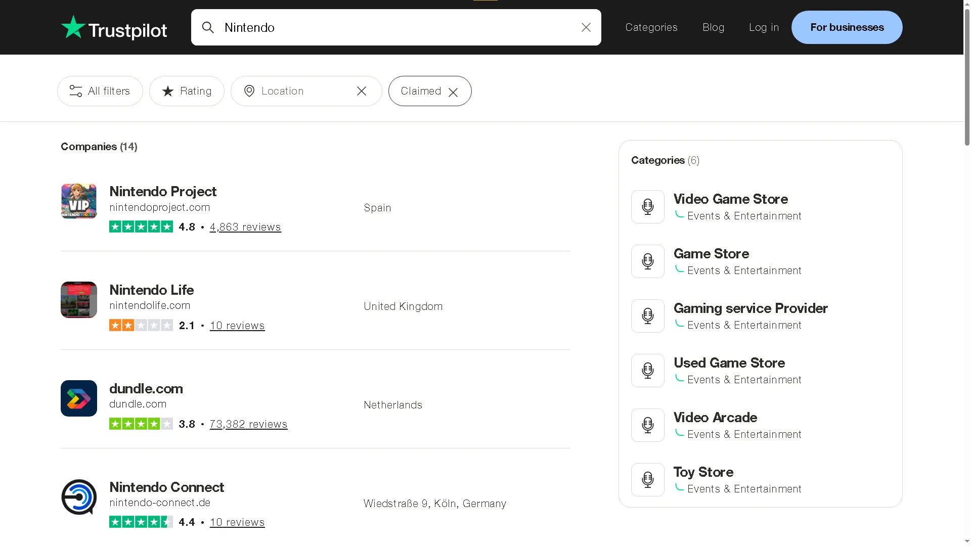 Sử dụng Trustpilot để tìm kiếm đánh giá doanh nghiệp về Nintendo.