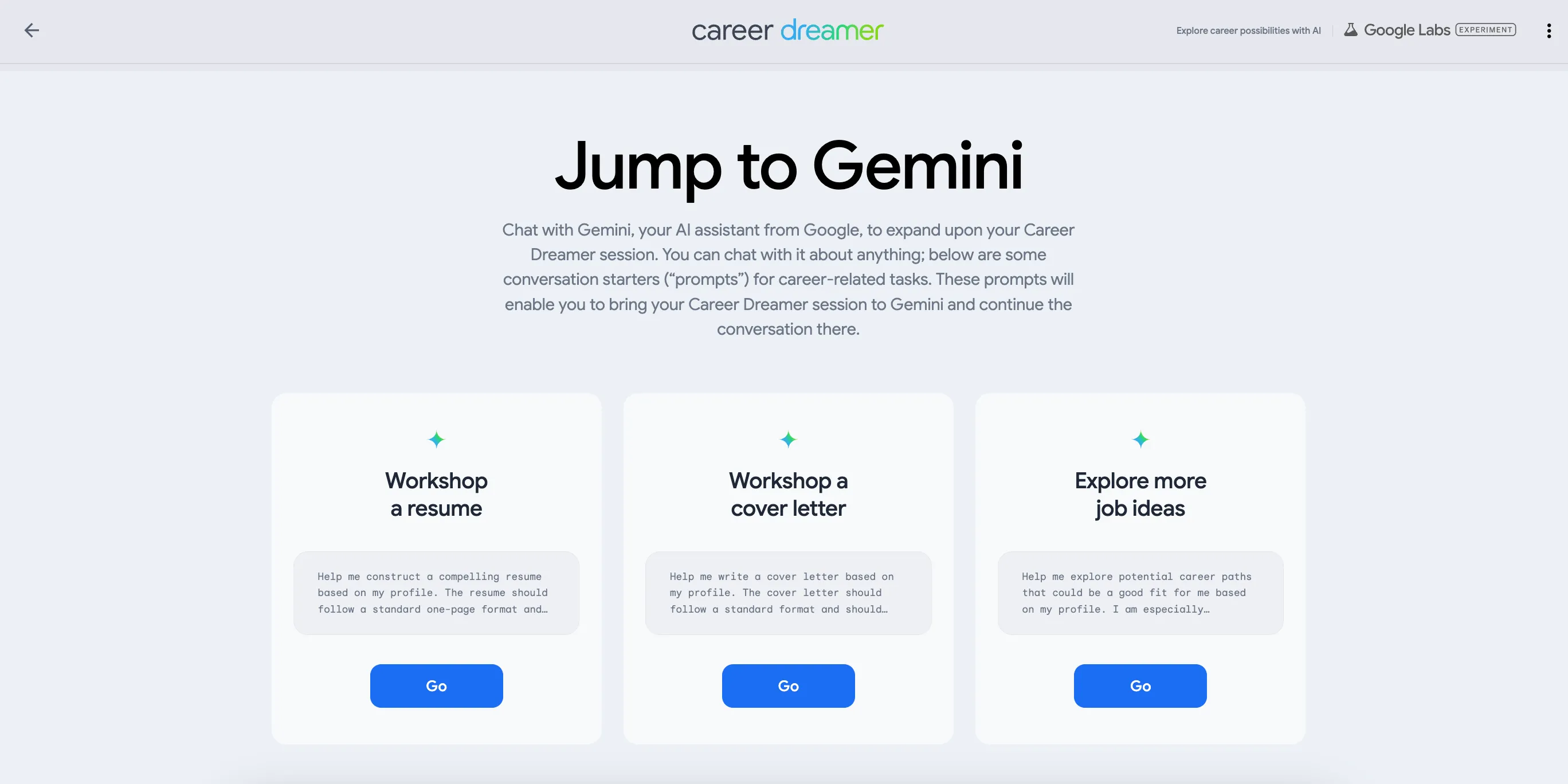 Tab &quot;Chuyển sang Gemini&quot; trong Google Career Dreamer, giúp người dùng tiếp tục xây dựng CV và thư xin việc với sự hỗ trợ của AI