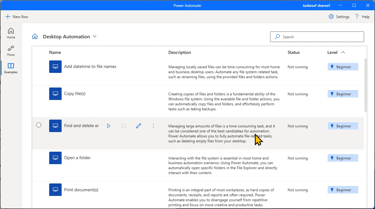 Tab &quot;Examples&quot; trong Microsoft Power Automate trên Windows 11, hiển thị các luồng tự động hóa mẫu để người dùng tham khảo.