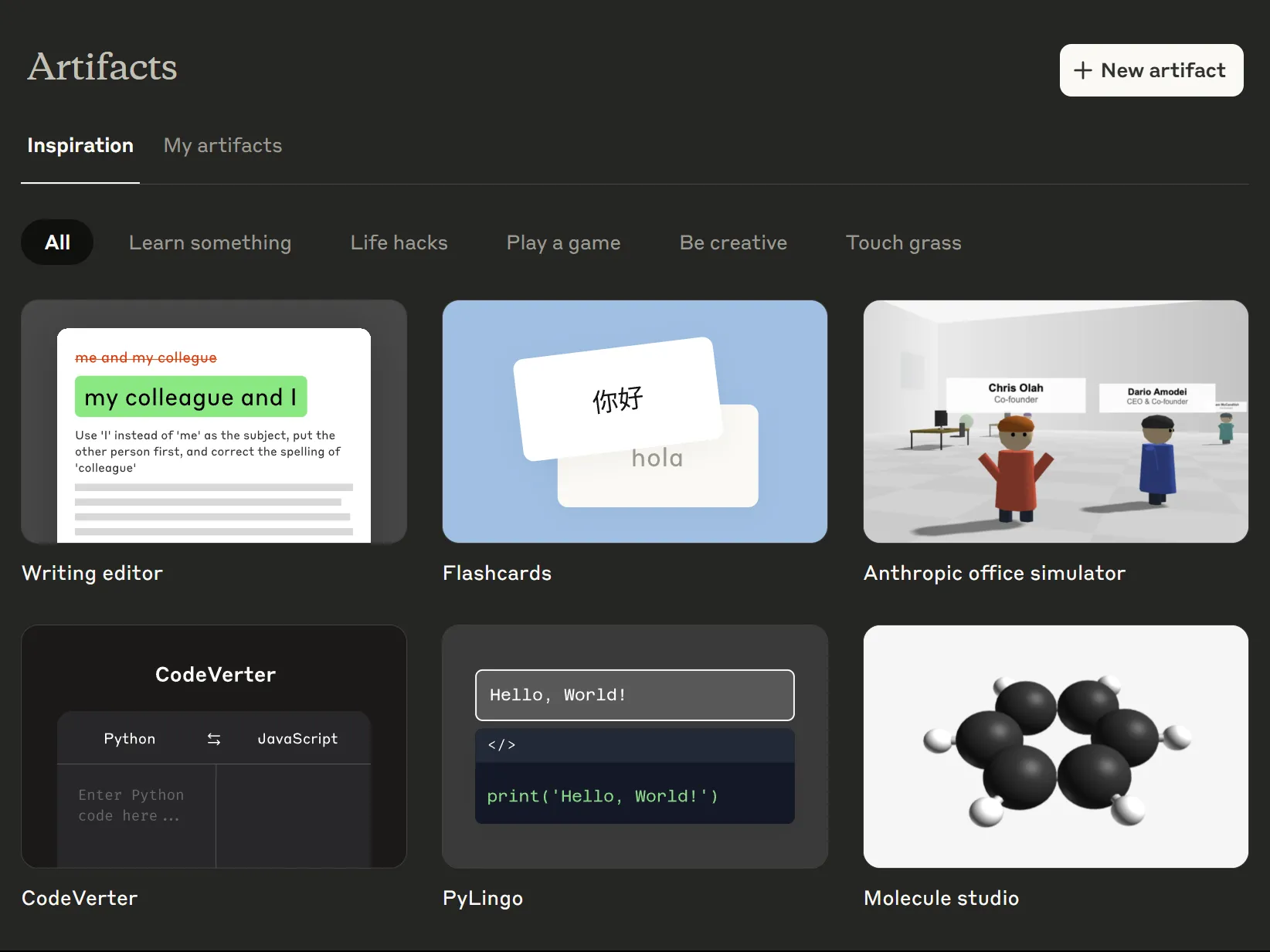 Tab &quot;Inspiration&quot; trong Claude Artifacts của ứng dụng web, hiển thị các công cụ có sẵn của Claude.