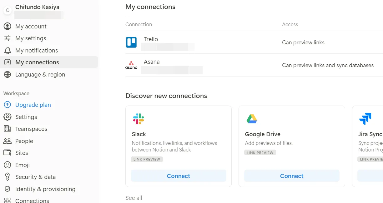 Tab My connections trong cài đặt Notion hiển thị các tích hợp ứng dụng