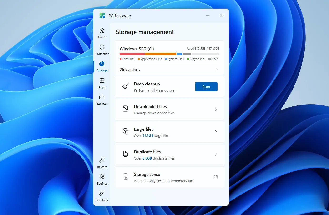 Tab Storage trên Microsoft PC Manager hiển thị các công cụ quản lý không gian lưu trữ và tìm file trùng lặp