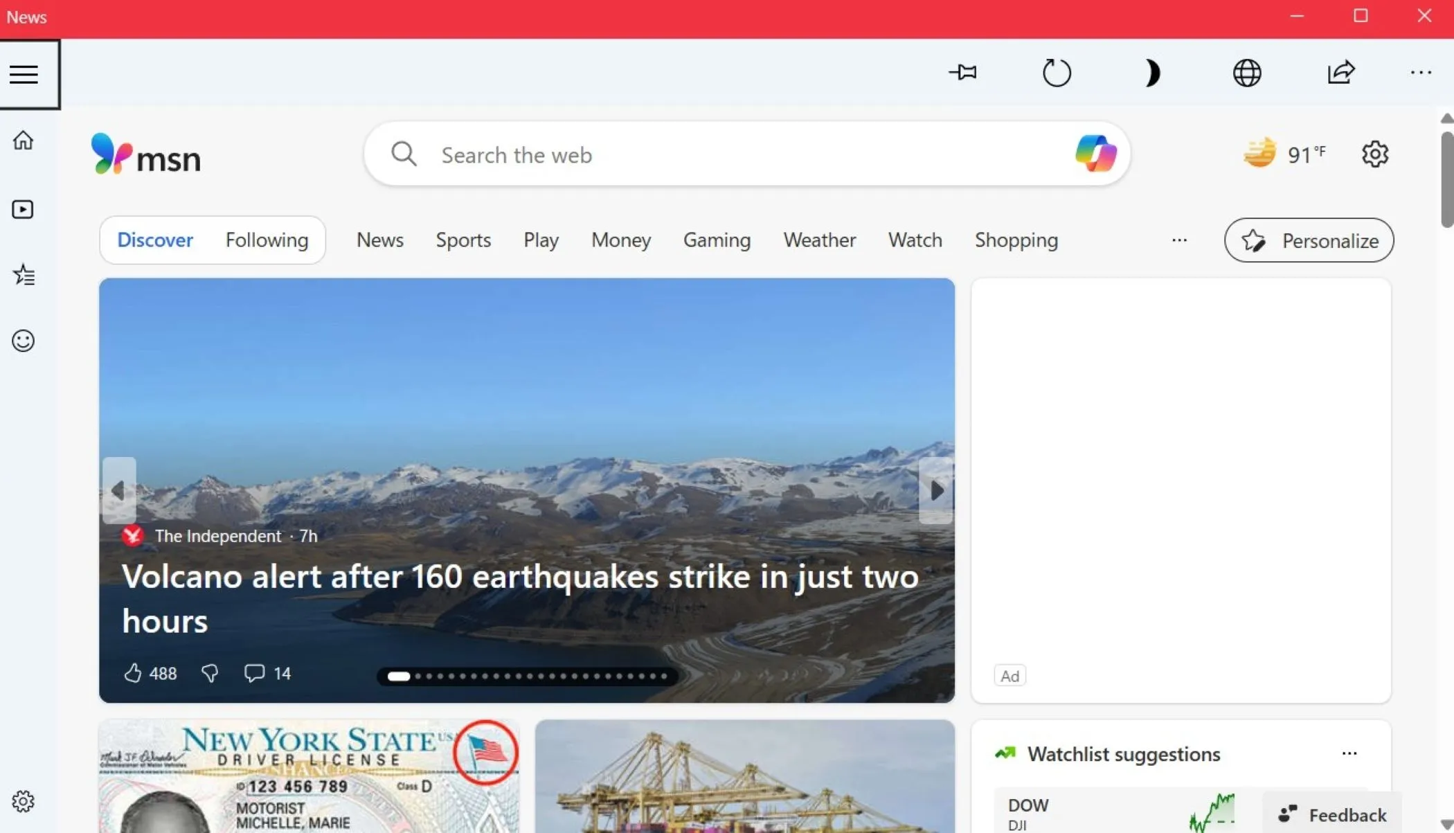 Tab Trang chủ của ứng dụng Microsoft News, hiển thị tin tức được cá nhân hóa.