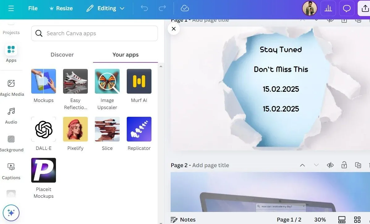 Tab &quot;Ứng dụng&quot; (Apps) trong Canva với các tích hợp bên thứ ba hữu ích
