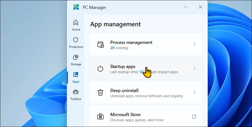 Tab Ứng dụng trong Microsoft PC Manager, hiển thị danh sách các tiến trình đang chạy trên Windows 11