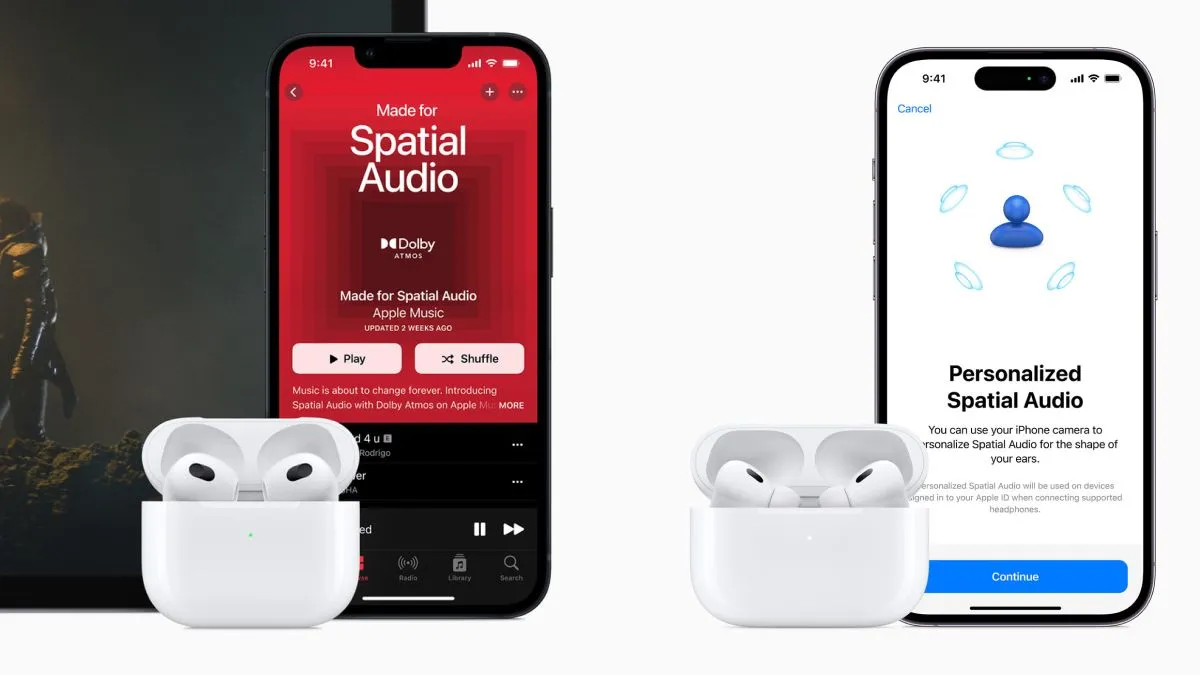 Tai nghe AirPods Pro 2 và AirPods 3 cùng iPhone hiển thị tính năng Spatial Audio của Apple Music