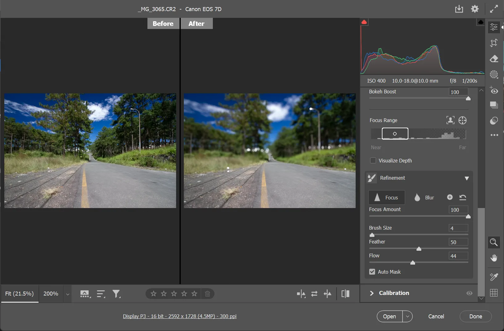 Tăng cường chiều sâu cho ảnh phong cảnh bằng cách điều chỉnh Lens Blur và Focal Range trong Photoshop.