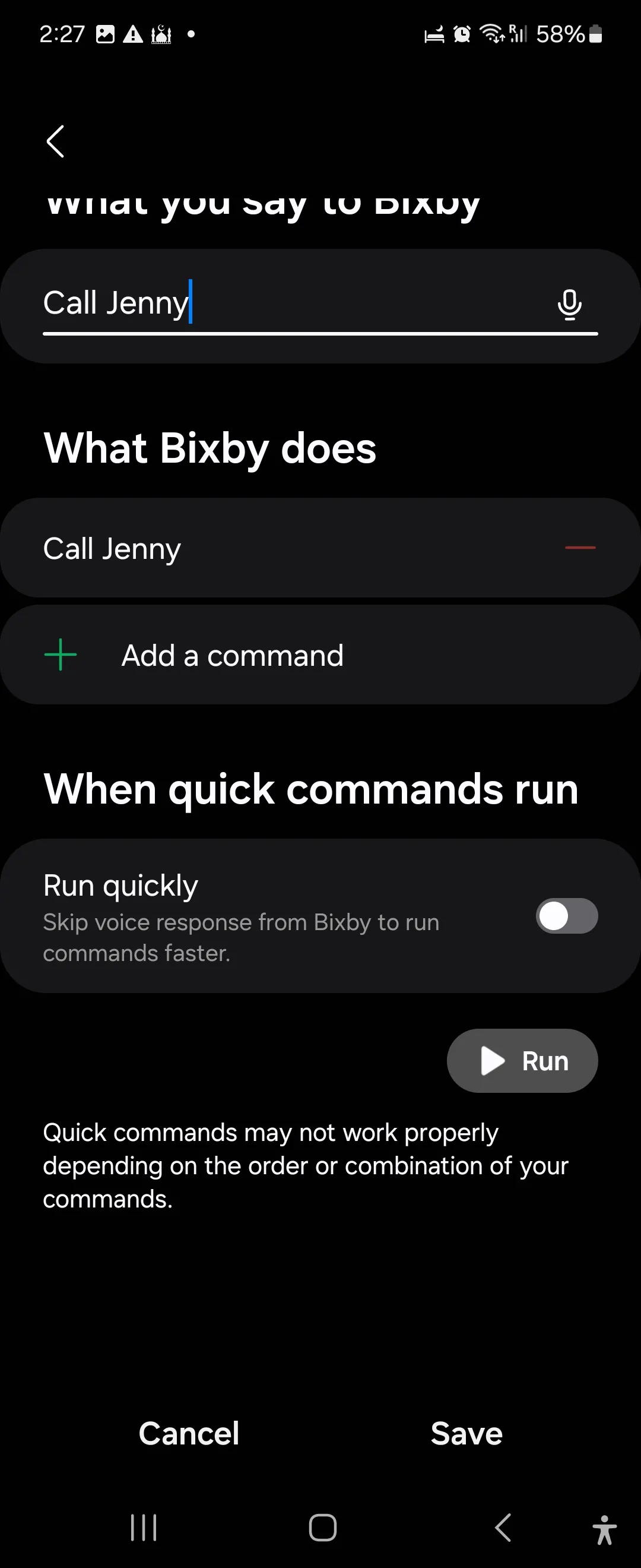 Tạo lệnh nhanh (Quick Command) mới trong ứng dụng Bixby để tự động hóa cuộc gọi trên Galaxy Flip 6