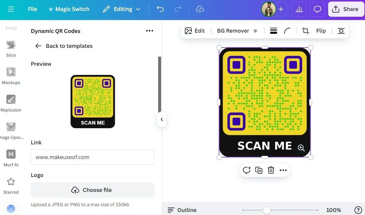 Tạo mã QR động tùy chỉnh với màu sắc và logo trong Canva, cho thấy khả năng tạo mã QR chuyên nghiệp ngay trên nền tảng.